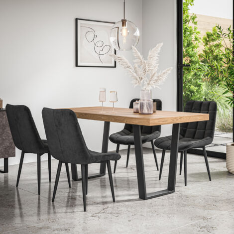 Aria Dining Table And Chairs -  Oak Effect Table Top w Black Legs + Nova Velvet Dining Chair Set Of 6 (Mustard)