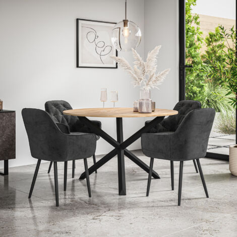 Malvern Round Dining Table And Chairs - Oak Table Top w Solid Black Oak Legs + Anika Velvet Dining Chair Set Of 4 (Black) (1/5)