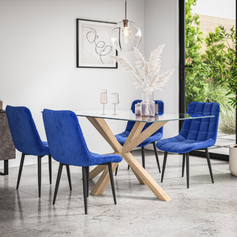 Etta Glass Dining Table And Chairs - Glass Top w Solid Oak Legs + Nova Velvet Dining Chair Set Of 4 (Blue) (1/5)