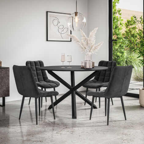 Malvern Round Dining Table And Chairs -  Black Table Top w Solid Black Oak Legs + Nova Velvet Dining Chair Set Of 4 (Black) (1/5)