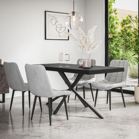 Donni Dining Table And Chairs - Black Table Top w Black Legs + Nova Velvet Dining Chair Set Of 4 (Grey) (1/5)