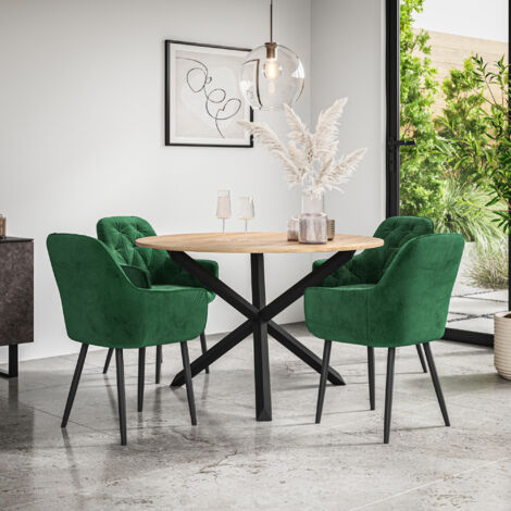 Malvern Round Dining Table And Chairs - Oak Table Top w Solid Black Oak Legs + Anika Velvet Dining Chair Set Of 4 (Green) (1/5)