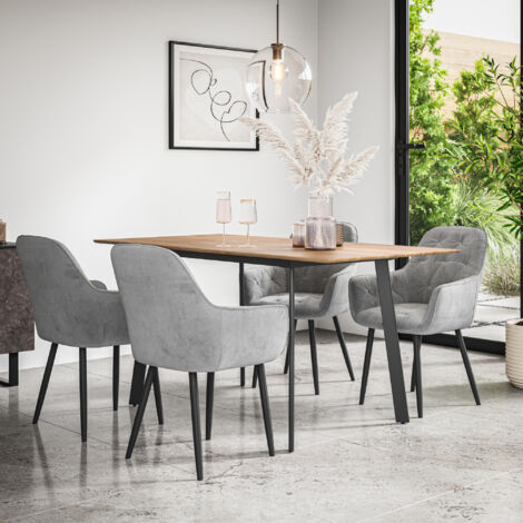 Haydon Extending Dining Table And Chairs - Oak Effect Table Top w Black Legs + Anika Velvet Dining Chair Set Of 6 (Grey) (1/5)