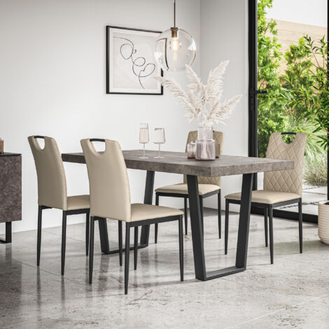 Aria Dining Table And Chairs -  Grey Table Top w Black Legs + Monza Faux Leather Dining Chair Set Of 4 (Beige) (1/5)
