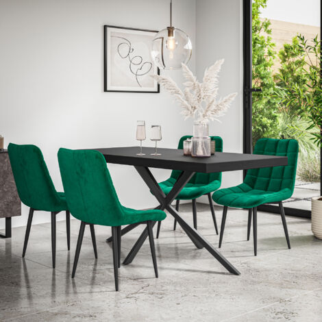 Donni Dining Table And Chairs -  Black Table Top w Black Legs + Nova Velvet Dining Chair Set Of 4 (Green)
