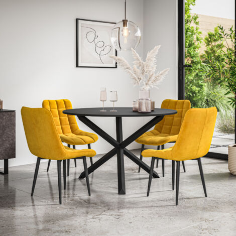 Malvern Round Dining Table And Chairs - Black Table Top w Solid Black Oak Legs + Nova Velvet Dining Chair Set Of 4 (Mustard) (1/5)
