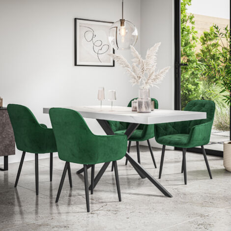Donni Dining Table And Chairs -  White Marble Effect Table Top w Black Legs + Anika Velvet Dining Chair Set Of 6 (Green) (1/5)