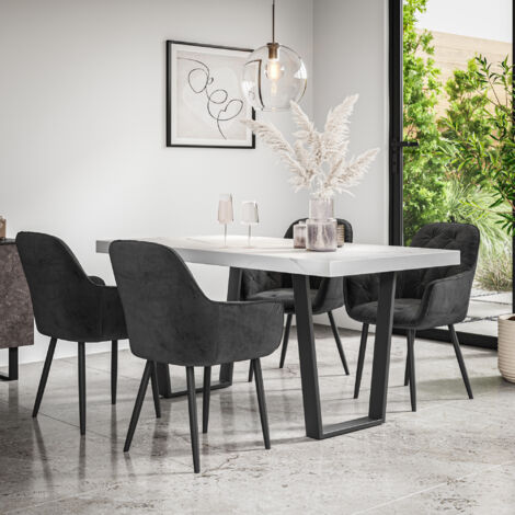 Aria Dining Table And Chairs - White Marble Effect Table Top w Black Legs + Anika Velvet Dining Chair Set Of 6 (Black) (1/5)