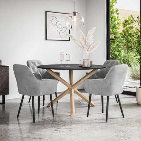 Malvern Round Dining Table And Chairs - Black Table Top w Solid Oak Legs + Anika Velvet Dining Chair Set Of 4 (Grey) (1/5)