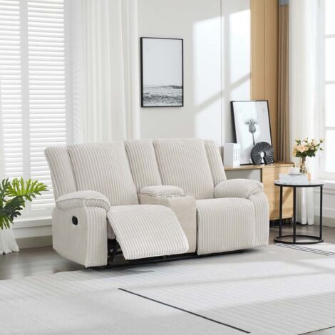 Verona 2 Seater Jumbo Cord Manual Recliner Sofa w Drinks Console (Beige)