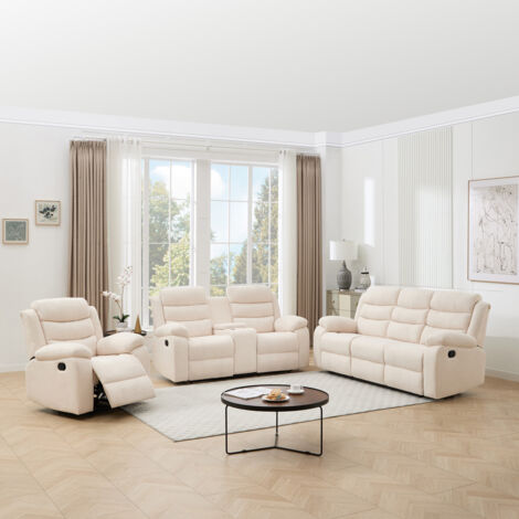 BOSTON 1+2 w CONSOLE+3 SEATER MANUAL FABRIC RECLINER w DRINKS CONSOLE SOFA SET BEIGE