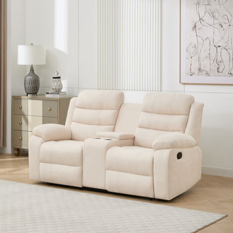 BOSTON 2 SEATER MANUAL FABRIC RECLINER w DRINKS CONSOLE SOFA BEIGE (1/5)