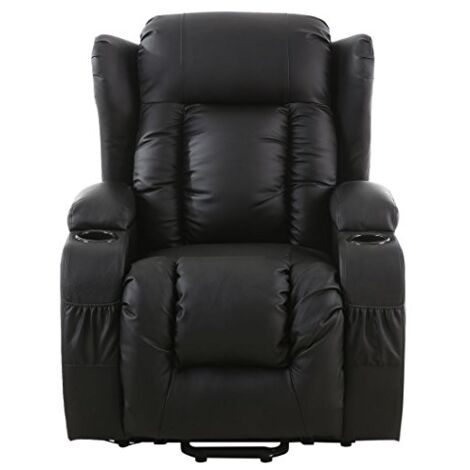 CAESAR ELECTRIC RISE RECLINER WINGED LEATHER ARMCHAIR MASSAGE HEATED CHAIR (Black)