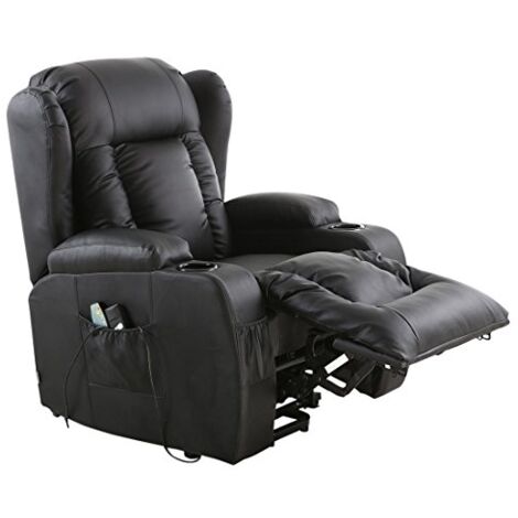 CAESAR ELECTRIC RISE RECLINER WINGED LEATHER ARMCHAIR MASSAGE HEATED CHAIR (Black)