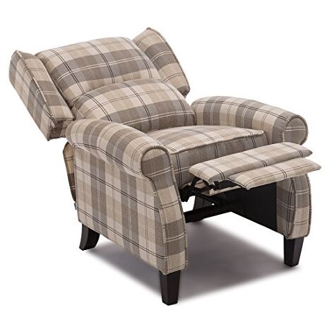 EATON WING BACK FIRESIDE CHECK FABRIC RECLINER ARMCHAIR SOFA LOUNGE CINEMO CHAIR BEIGE