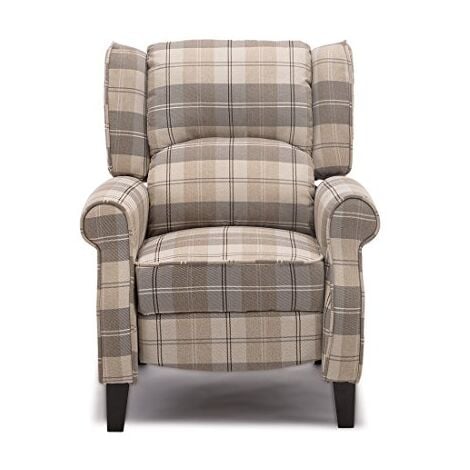 EATON WING BACK FIRESIDE CHECK FABRIC RECLINER ARMCHAIR SOFA LOUNGE CINEMO CHAIR BEIGE