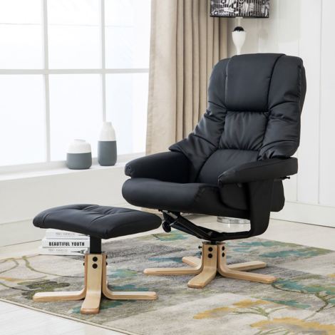Soo Real Leather Black Swivel, Black Leather Reclining Chair And Footstool