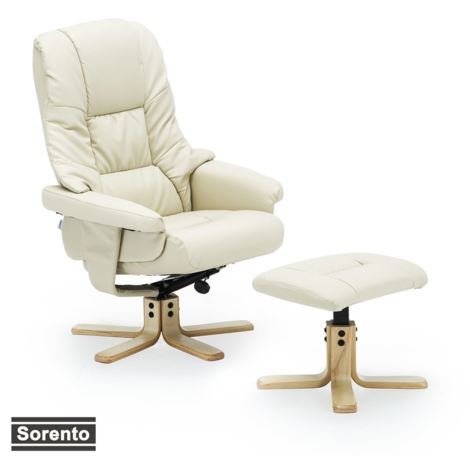 SORENTO REAL LEATHER CREAM SWIVEL RECLINER CHAIR w FOOT STOOL