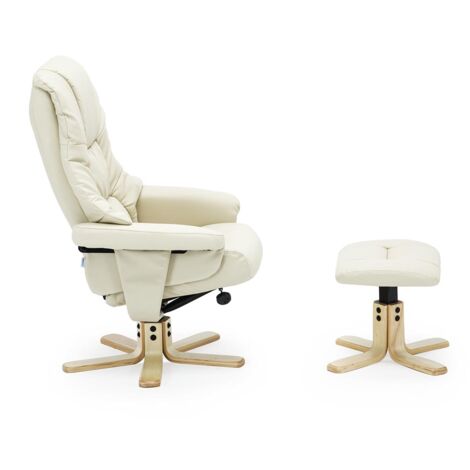 SORENTO REAL LEATHER CREAM SWIVEL RECLINER CHAIR w FOOT STOOL