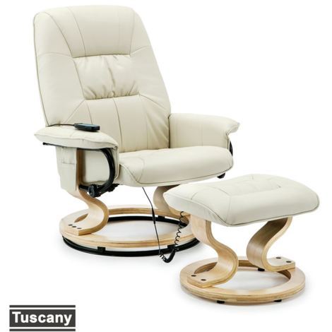 TUSCANY REAL LEATHER CREAM SWIVEL RECLINER MASSAGE CHAIR w FOOT STOOL
