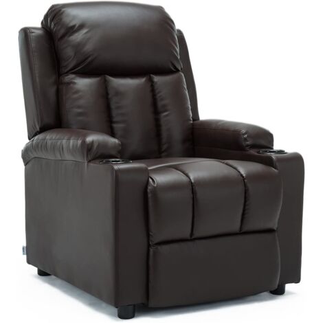 STUDIO LEATHER RECLINER w DRINK HOLDERS ARMCHAIR SOFA CHAIR CINEMA GAMING BROWN (1/5)