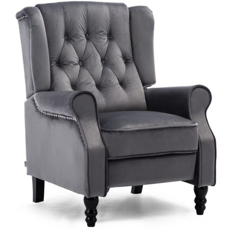 Althorpe Velvet Recliner Chair Grey, Leather Wingback Recliner Armchair