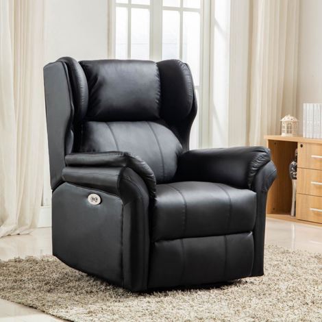 OAKFORD BLACK ELECTRIC BONDED LEATHER AUTO RECLINER WING BACK LOUNGE CHAIR WITH USB