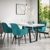 Aria Dining Table And Chairs - White Marble Effect Table Top w Black Legs + Anika Velvet Dining Chair Set Of 6 (Blue)