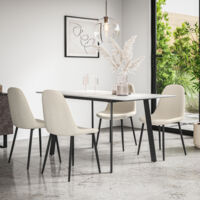 Haydon Extending Dining Table + Chairs- White Marble Effect Table Top w Black Legs + Maya Boucle Dining Chair Set Of 6 (Ivory White)