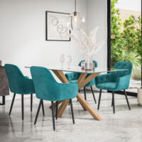 Etta Glass Dining Table And Chairs - Glass Top w Solid Oak Legs + Anika Velvet Dining Chair Set Of 4 (Blue)