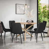 Malvern Round Dining Table And Chairs - Oak Table Top w Solid Oak Legs + Nova Faux Leather Dining Chair Set Of 6 (Black)