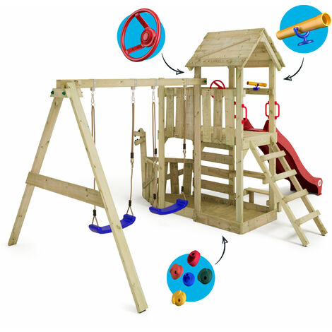 Wickey Spielturm Klettergerüst GalleyFlyer mit Schaukel & Rutsche, Stelzenhaus mit Sandkasten, Kletterleiter & Spiel-Zubehör - rot