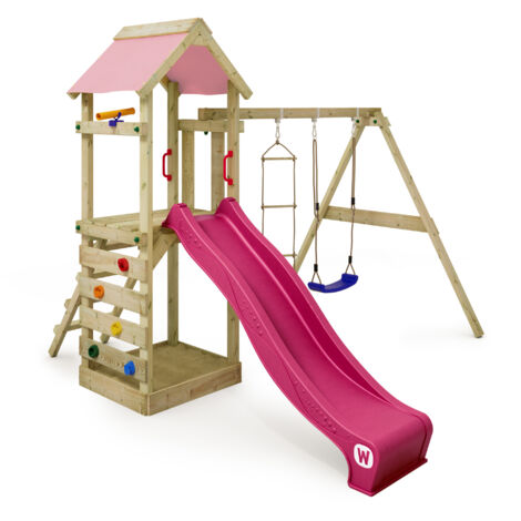 Wickey Spielturm Klettergerüst FreeFlyer mit Schaukel & Rutsche, Kletterturm mit Sandkasten, Leiter & Spiel-Zubehör - pastellpink