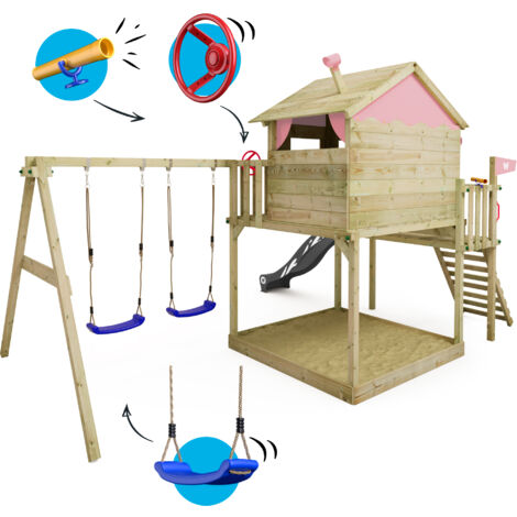 Wickey Spielturm Klettergerüst Smart Coast mit Schaukel & Rutsche, Stelzenhaus mit Sandkasten, Kletterleiter & Spiel-Zubehör - anthrazit