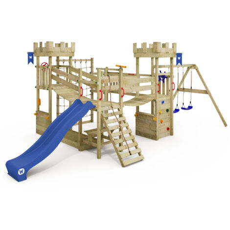 Wickey Klettergerüst Smart Arch Kinderspielturm mit Kletternetz und Wackelbrücken, Ritterburg, riesiger Sandkasten, Ladentheke, Picknicktisch, Kletterwand, Kletterseil, 10 Jahre Garantie, extrem witte