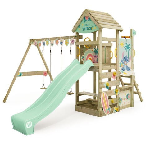 Wickey Spielturm Klettergerüst Disney Adventure mit Schaukel & Rutsche, Kletterturm mit Holzdach, Sandkasten, Leiter & Spiel-Zubehör - Stitch