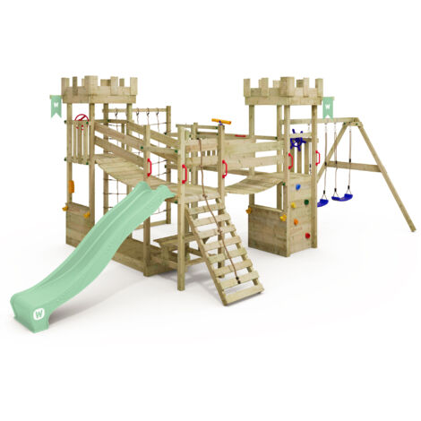 Wickey Klettergerüst Smart Arch Kinderspielturm mit Kletternetz und Wackelbrücken, Ritterburg, riesiger Sandkasten, Ladentheke, Picknicktisch, Kletterwand, Kletterseil, 10 Jahre Garantie, extrem witte
