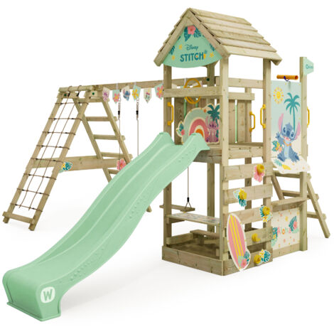 Wickey Spielturm Klettergerüst Disney Story mit Schaukel & Rutsche, Kletterturm mit Sandkasten, Leiter & Spiel-Zubehör - Stitch