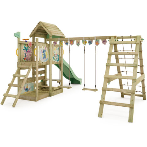 Wickey Spielturm Klettergerüst Disney Story mit Schaukel & Rutsche, Kletterturm mit Sandkasten, Leiter & Spiel-Zubehör - Stitch