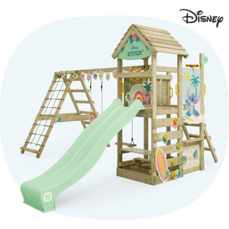 Wickey Spielturm Klettergerüst Disney Story mit Schaukel & Rutsche, Kletterturm mit Sandkasten, Leiter & Spiel-Zubehör - Stitch