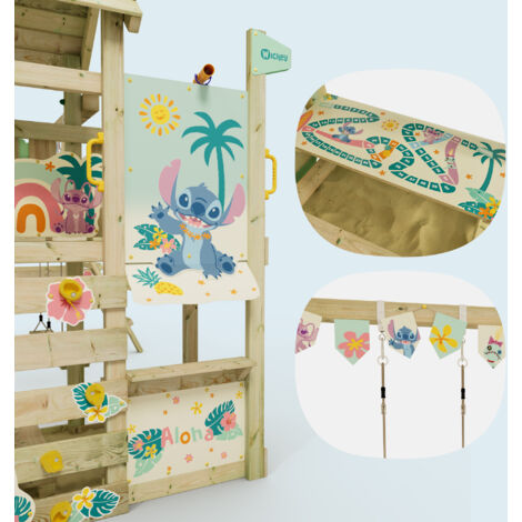 Wickey Spielturm Klettergerüst Disney Story mit Schaukel & Rutsche, Kletterturm mit Sandkasten, Leiter & Spiel-Zubehör - Stitch