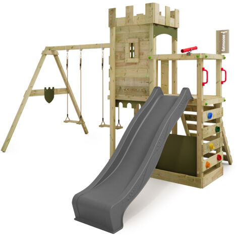 FATMOOSE Spielturm Ritterburg BoldBaron mit Schaukel & Sandkasten, 10-jährige Garantie, Integrierter Sandkasten - Anthrazit