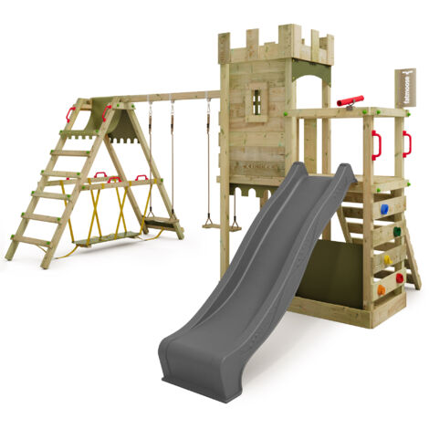 FATMOOSE Spielturm Ritterburg BoldBaron mit Schaukel SurfSwing, 10-jährige Garantie, Integrierter Sandkasten - Anthrazit