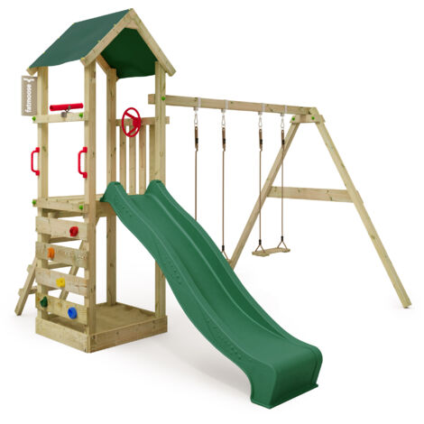 FATMOOSE Spielturm Klettergerüst KiwiKey mit Schaukel & Rutsche, Kletterturm mit Sandkasten, Leiter & Spiel-Zubehör – Grün
