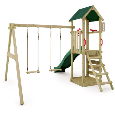 FATMOOSE Spielturm Klettergerüst KiwiKey mit Schaukel & Rutsche, Kletterturm mit Sandkasten, Leiter & Spiel-Zubehör – Grün