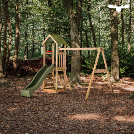FATMOOSE Spielturm Klettergerüst KiwiKey mit Schaukel & Rutsche, Kletterturm mit Sandkasten, Leiter & Spiel-Zubehör – Grün