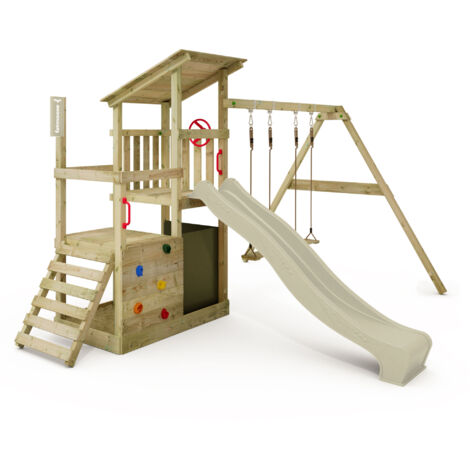 FATMOOSE Spielturm Klettergerüst FruityForest mit Schaukel & Rutsche, Kletterturm mit Sandkasten, Leiter & Spiel-Zubehör - Salbeigrün