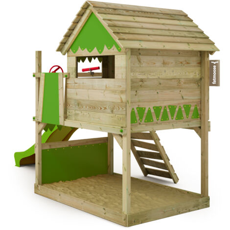 FATMOOSE Spielturm Klettergerüst TikaTaka mit Rutsche, Kletterturm mit Sandkasten, Leiter & Spiel-Zubehör  - Apfelgrün