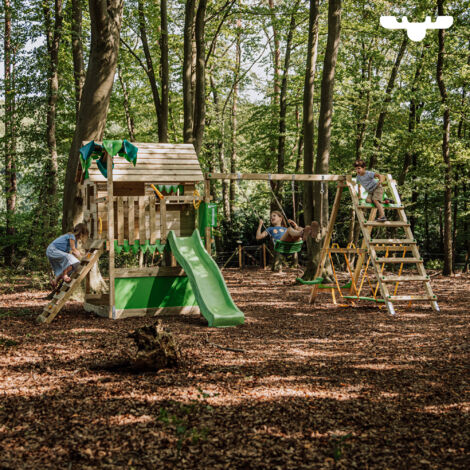 FATMOOSE Spielturm Klettergerüst TikaTaka mit Rutsche, Kletterturm mit Sandkasten, Leiter & Spiel-Zubehör  - Apfelgrün