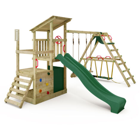 FATMOOSE Spielturm Klettergerüst FruityForest mit SurfSwing & Rutsche, Kletterturm mit Sandkasten, Leiter & Spiel-Zubehör - Grün